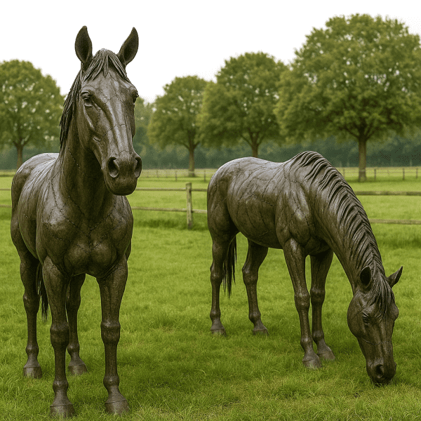 Metalen paarden, een met het hoofd omhoog, de ander grazend met zijn hoofd omlaag in een weiland