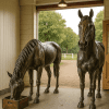 Metalen paarden, een met het hoofd omhoog, de ander grazend met zijn hoofd omlaag in een vierkante houten bak staan naast elkaar in een stal met open deur
