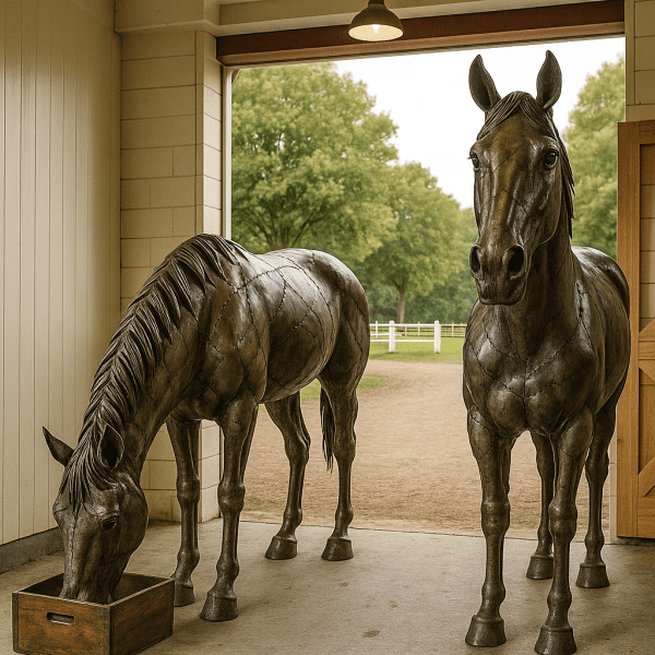 Metalen paarden, een met het hoofd omhoog, de ander grazend met zijn hoofd omlaag in een vierkante houten bak staan naast elkaar in een stal met open deur