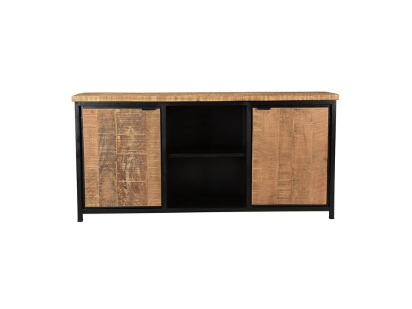Dressoir Vardo, met 2 deurtjes van licht mangohout en een middenstuk met zwart mangohouten legplanken. Te koop bij Bouwie. Artikelnummer: CMSB001NAT