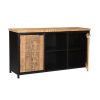 Dressoir Vardo, met 2 deurtjes van licht mangohout en een middenstuk met zwart mangohouten legplanken. Te koop bij Bouwie