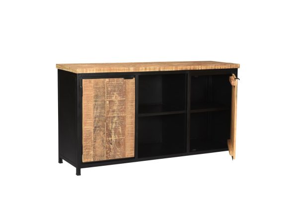 Dressoir Vardo, met 2 deurtjes van licht mangohout en een middenstuk met zwart mangohouten legplanken. Te koop bij Bouwie