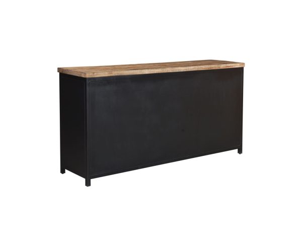 Dressoir Vardo, met 2 deurtjes van licht mangohout en een middenstuk met zwart mangohouten legplanken. Te koop bij Bouwie
